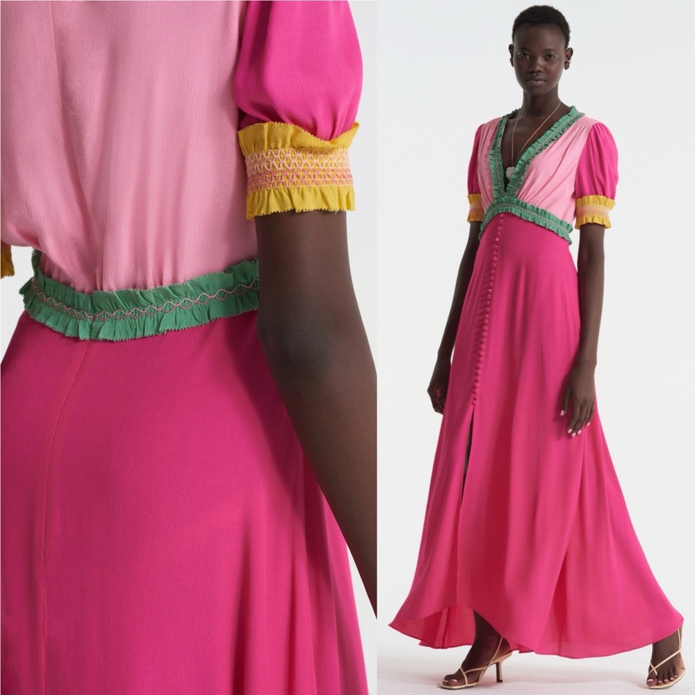 Saloni Lea Colorblock Crepe Maxi Dress Pink Green Size 4 US - Picture 11 of 13